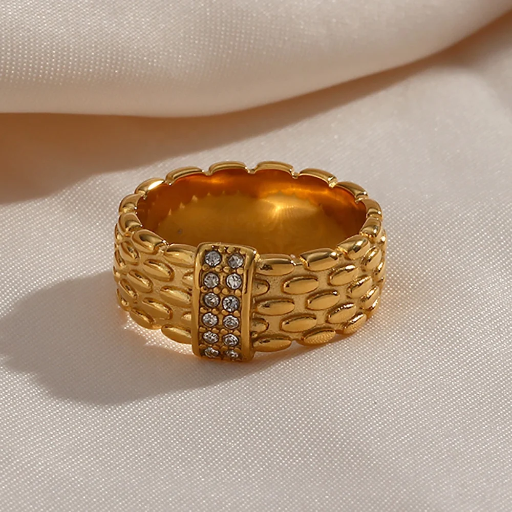 

Vintage Beaded Texture 18k Gold Plated Stainless Steel Zircon Ring Tarnish Free Engagement Rings Jewelry Women