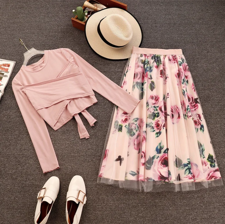 

Elegant Skirts Set Long Sleeve Tops and Mesh Skirt Two Pieces Set Summer Temperament Fashion Casual Full Pretty Steps 2020 Women