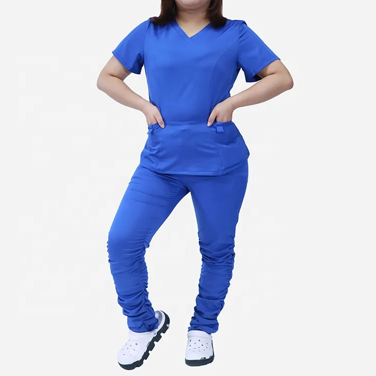 

Factory Scrubs Nurse Scrubs With Jogger Ruffle Short-sleeved Women Stacked Pants Scrubs Uniforms Set, Customized
