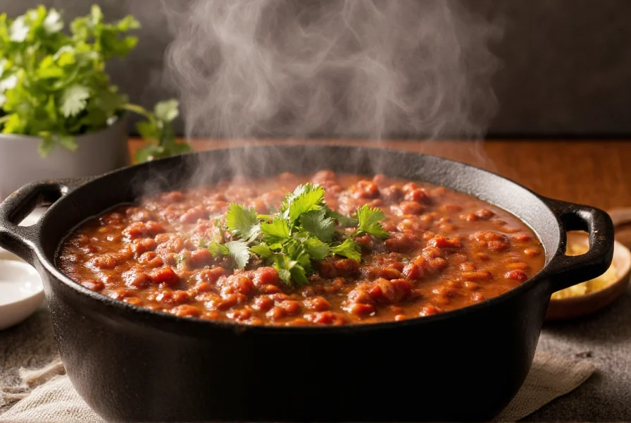 Homemade chili in a cast iron pot with steam rising, garnished with cilantro