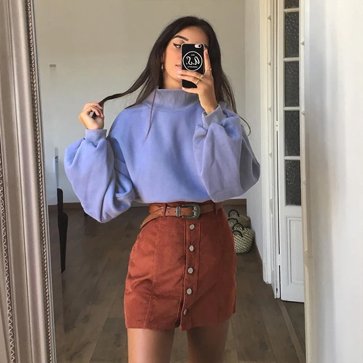 New Winter Lilac Plain Cropped High Neck Top Pullover Sweatshirt Women Sweaters Shirt