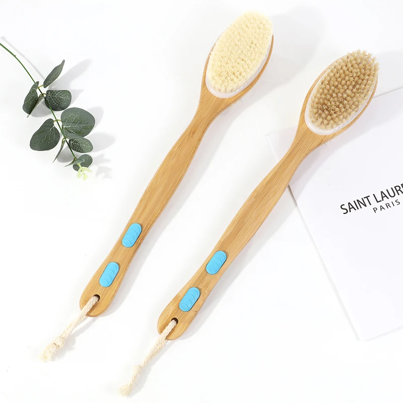 

Long Handle Double Sided Shower Brush with Soft and Stiff Bristles Bamboo Bath Brush for Exfoliating Skin and Body Gentle Scrub, Natural color+blue