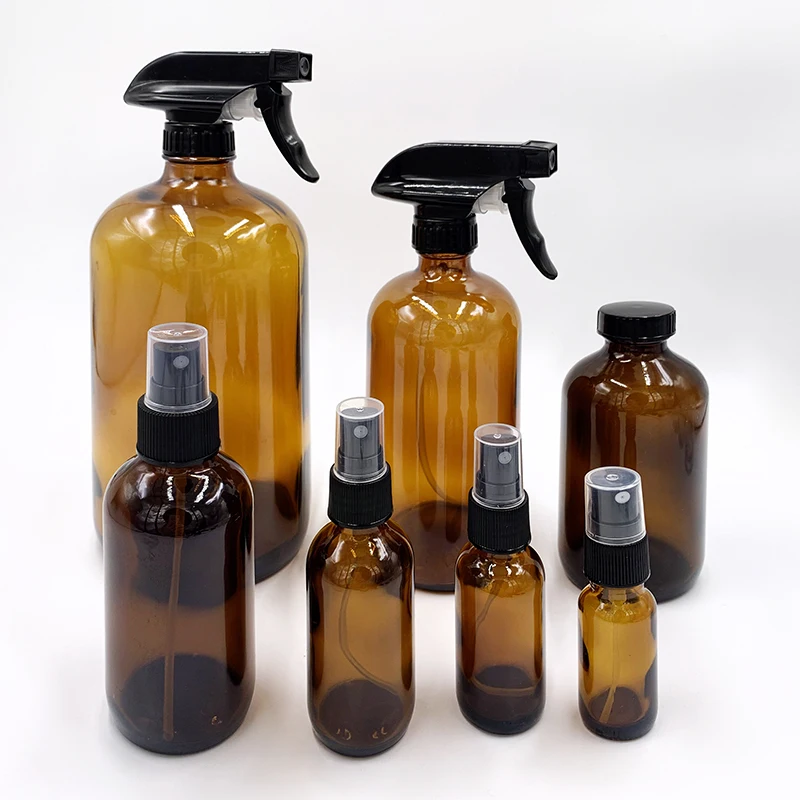 

15ml 30ml 60ml 120ml 240ml 0.5oz 1oz 2oz 4oz 8oz round amber boston glass bottle with mist trigger