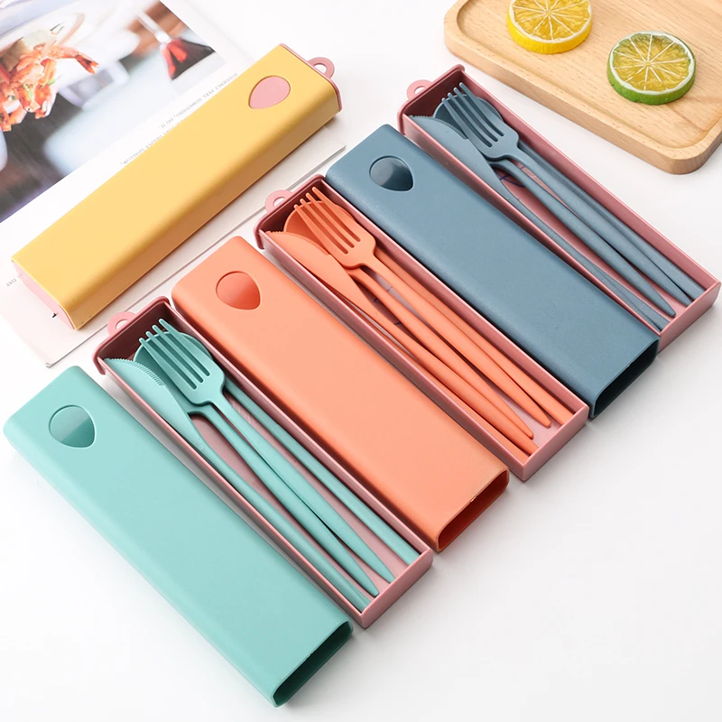 

2023 4 pcs colorful fingerprint reusable wheat straw portable camping cutlery set chopsticks spoon knife fork box