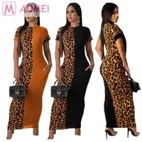 

L3016 hot onsale short sleeve leopard contrast color patchwork casual women fashion long maxi dress