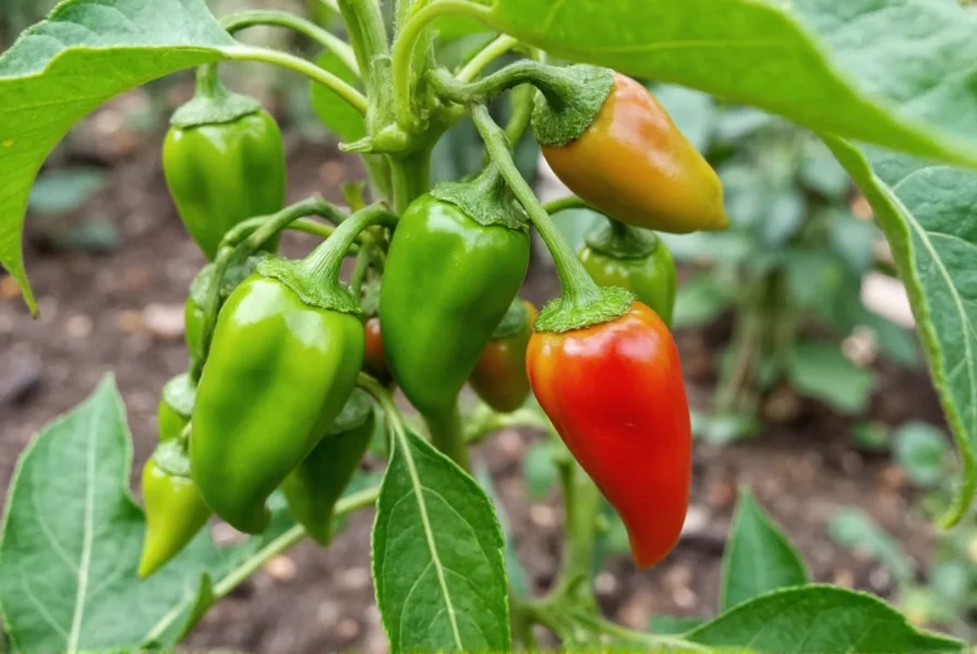 Peter pepper plant in garden setting showing multiple peppers at various stages of maturity, with some green and others turning red