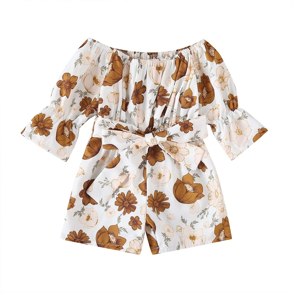 

RTS 2021 Summer New Design England Style Flowers Baby Girls' Jumpsuit Three Quarter Sleeve Children Daily Clothes