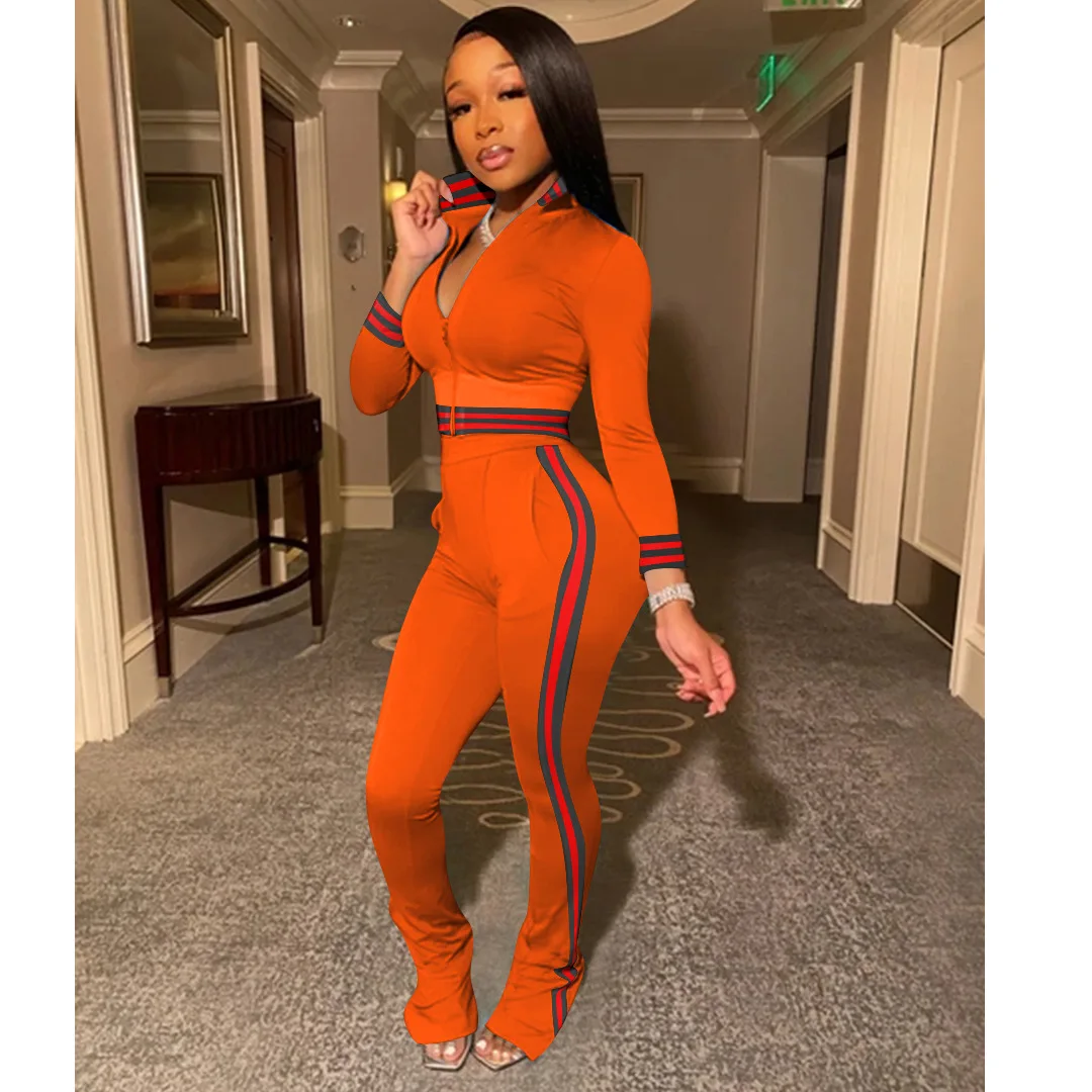 

Contrast Color Long Sleeve Zipper Womens Clothing Side Stripe Trousers 2 Piece Outfit Female Sweatsuit -CY, Orange,purple,black,army green,deep blue,light blue
