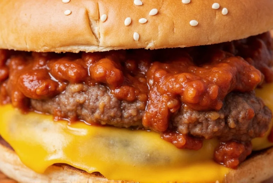 Close-up of Hayes signature chili cheeseburger with melted cheese and generous chili topping on a sesame seed bun