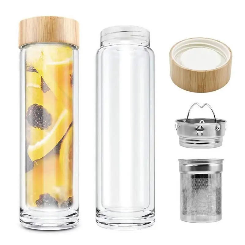 

Bamboo lid tea infuser fruit juice leak-proof custom logo borosilicate glass water bottle