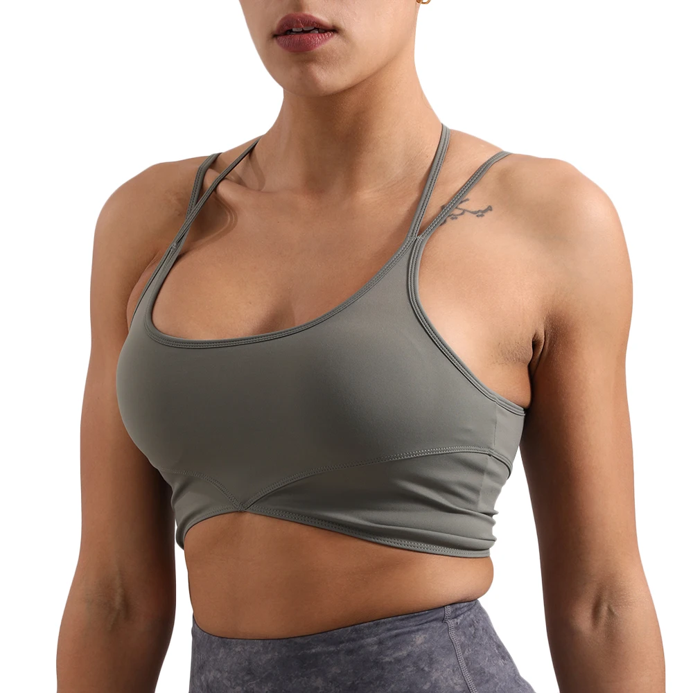 

Ladies Sexy Spaghetti Strap Compression Longline Backless Workout Sports Bra, White, black, pink, olive green, knowledge blue