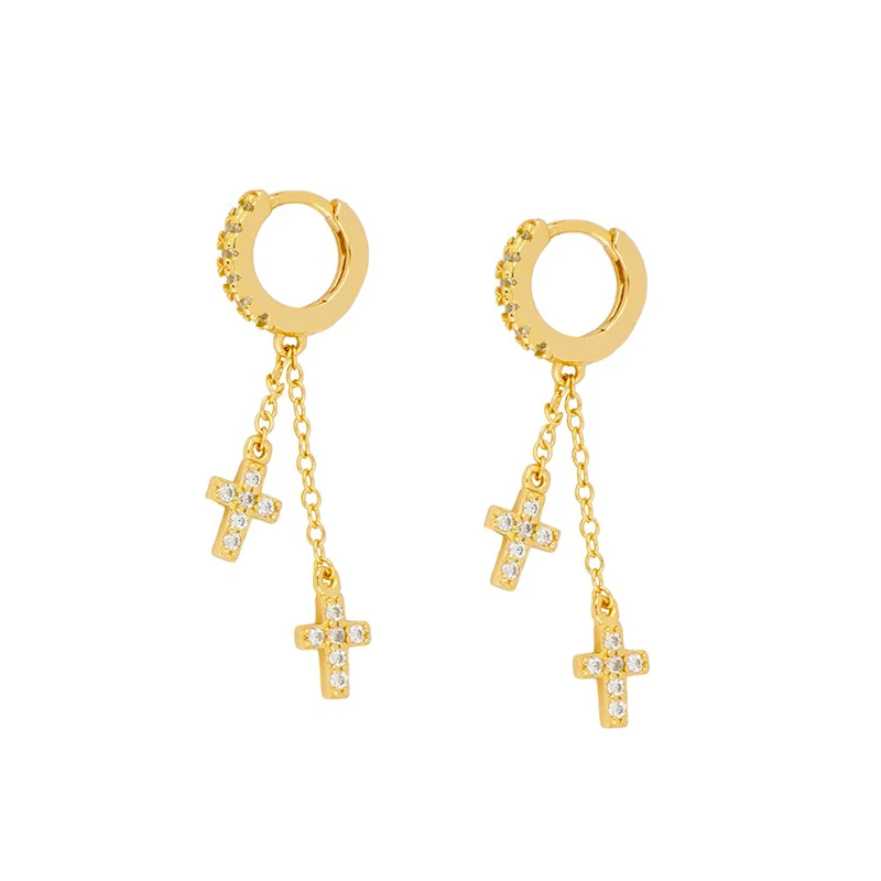 

trend Luxury S925 sterling silver personalized double chain tassel cross diamond pendant hoop earrings