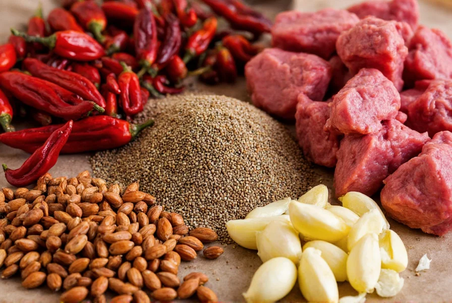 Close-up of traditional Texas chili ingredients: dried ancho peppers, beef chunks, cumin seeds, and garlic
