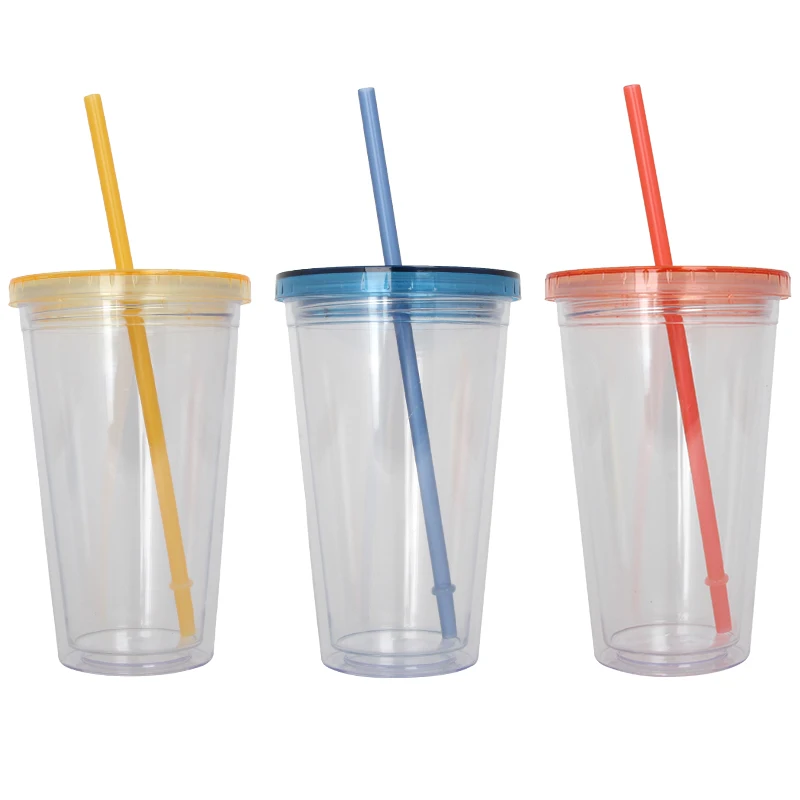 

New Arrival 16oz reusable colorful straws and lids plastic transparent cups travel insulated double wall coffee water tumbler