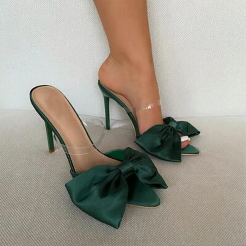 

New 2021 European station pointed high heeled shoes with big bow and thin heel