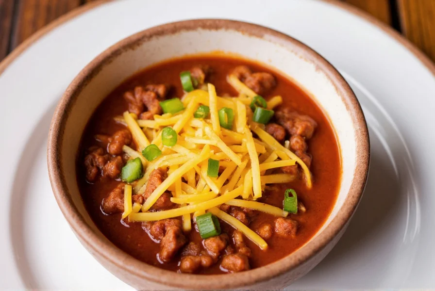 Bowl of chili topped with melted Pleasant Ridge Reserve cheese and garnishes