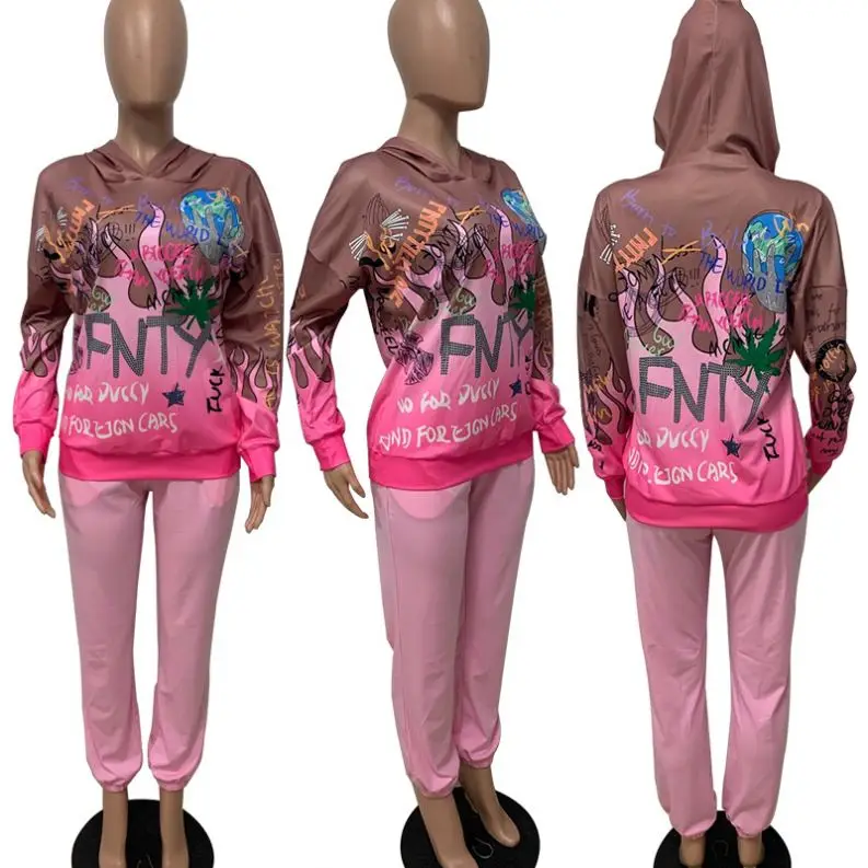 

2021 new arrival fall clothing fashion graffiti long sleeve pink hoodies with joggers two piece set for women casual streetwear