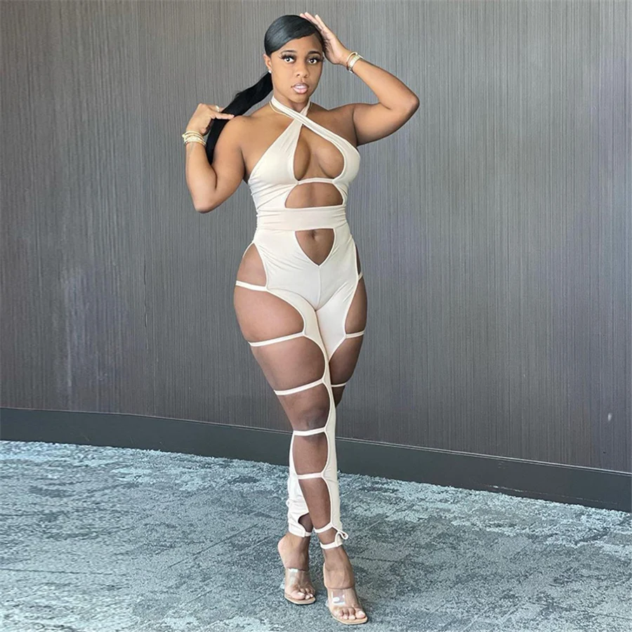 

Nibber K21Q01201 Cut Out Halter Womens Jumpsuit 2021 New Cross Sexy Backless Party Clubwear Skinny Jumpsuits Wholesale custom