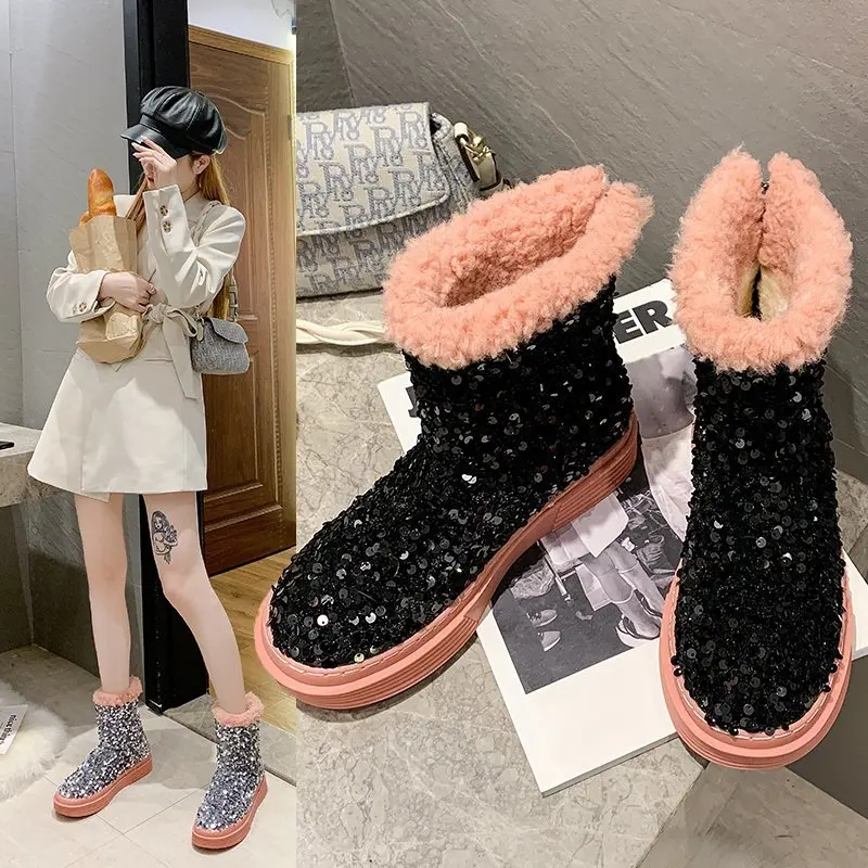 

Winter new sequined snow boots waterproof thick-soled short tube wild Korean style thin boots women, Black/silver/green