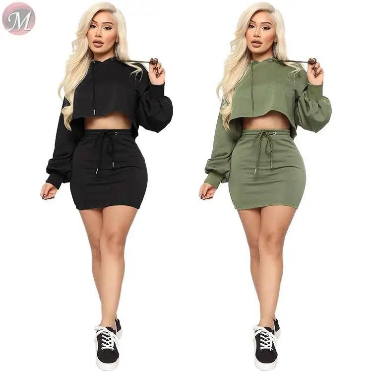 9112001 fashion solid crop hooded hoodie casual women clothing two piece short skirt set