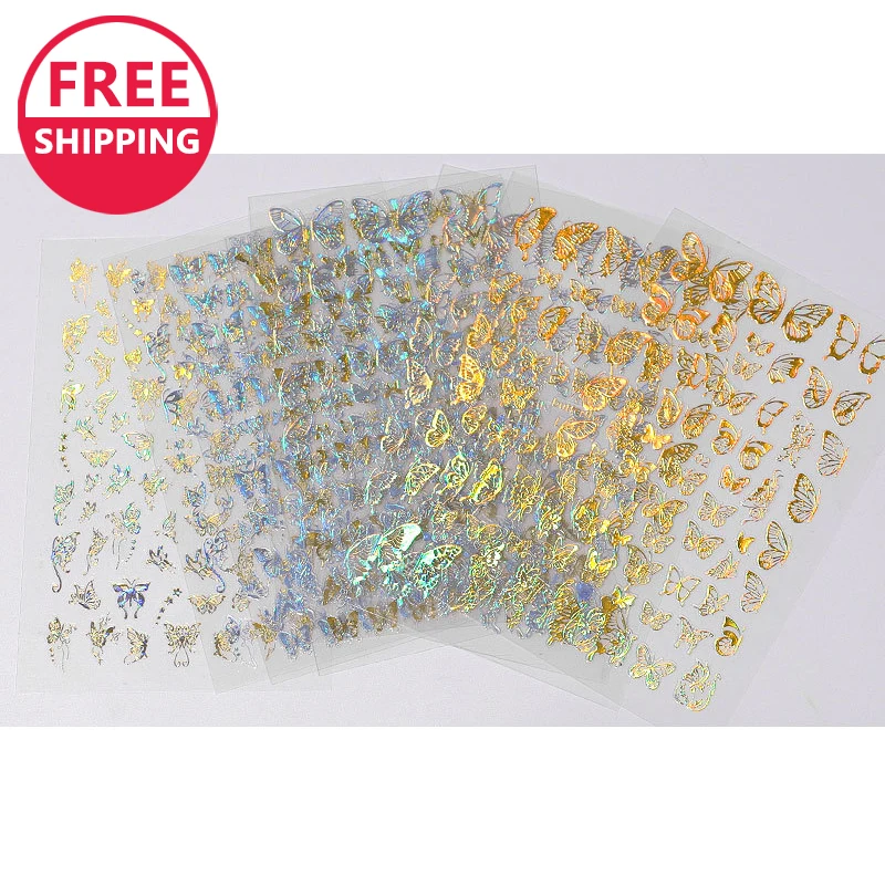 

Free Shipping 5d Laser Gold And Silver Butterfly Nail Sticker Holographic Self-adhesive Foils Diy Nail Art Decoration