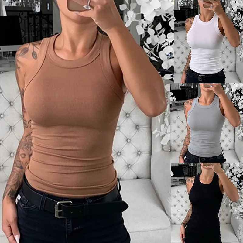 

Women Summer Sleeveless Tank Top Solid Color Basic Slim Cami Shirt Ribbed Knit O-Neck Stretch Casual Women Summer Blouse Coldker