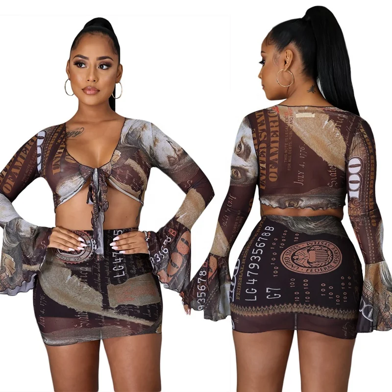 

Money Dollar Print Two Piece Ladies Crop Top And Skirt Set, Brown