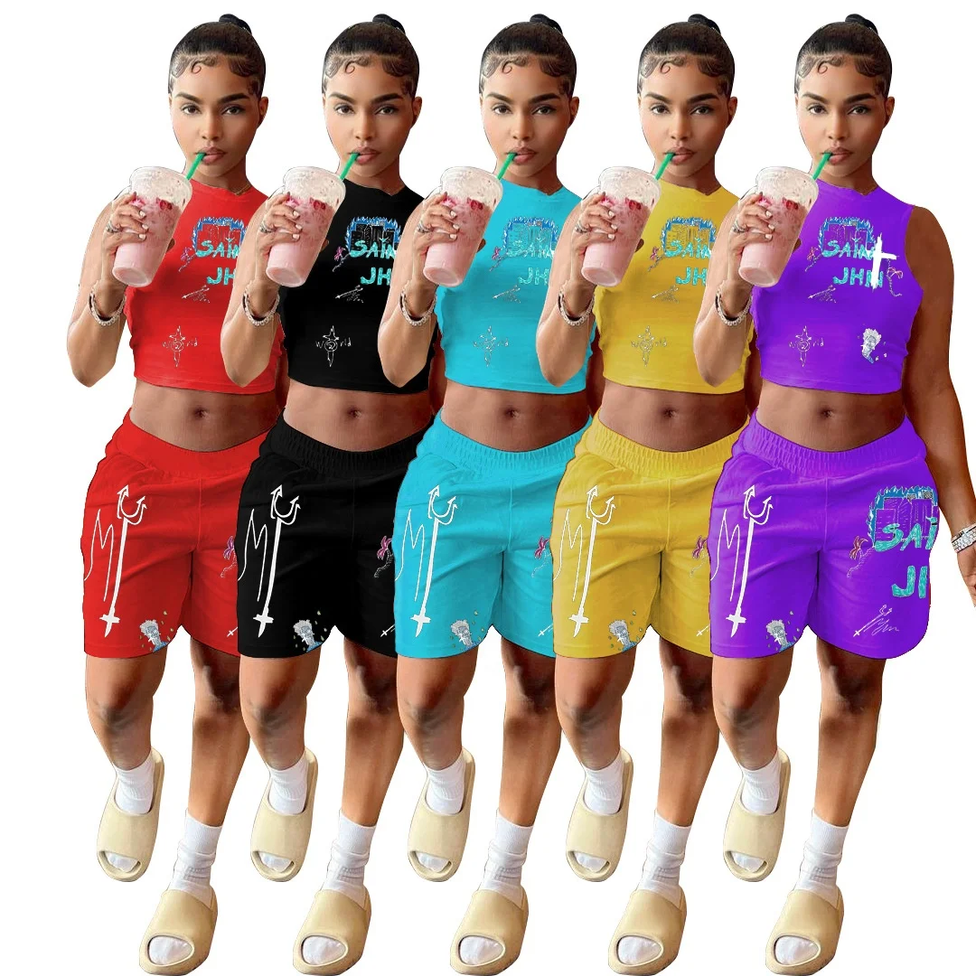 

MT179-6058 2021 hot selling womens sweat suit women summer fashion short tank top and shorts clothes 2 piece set women
