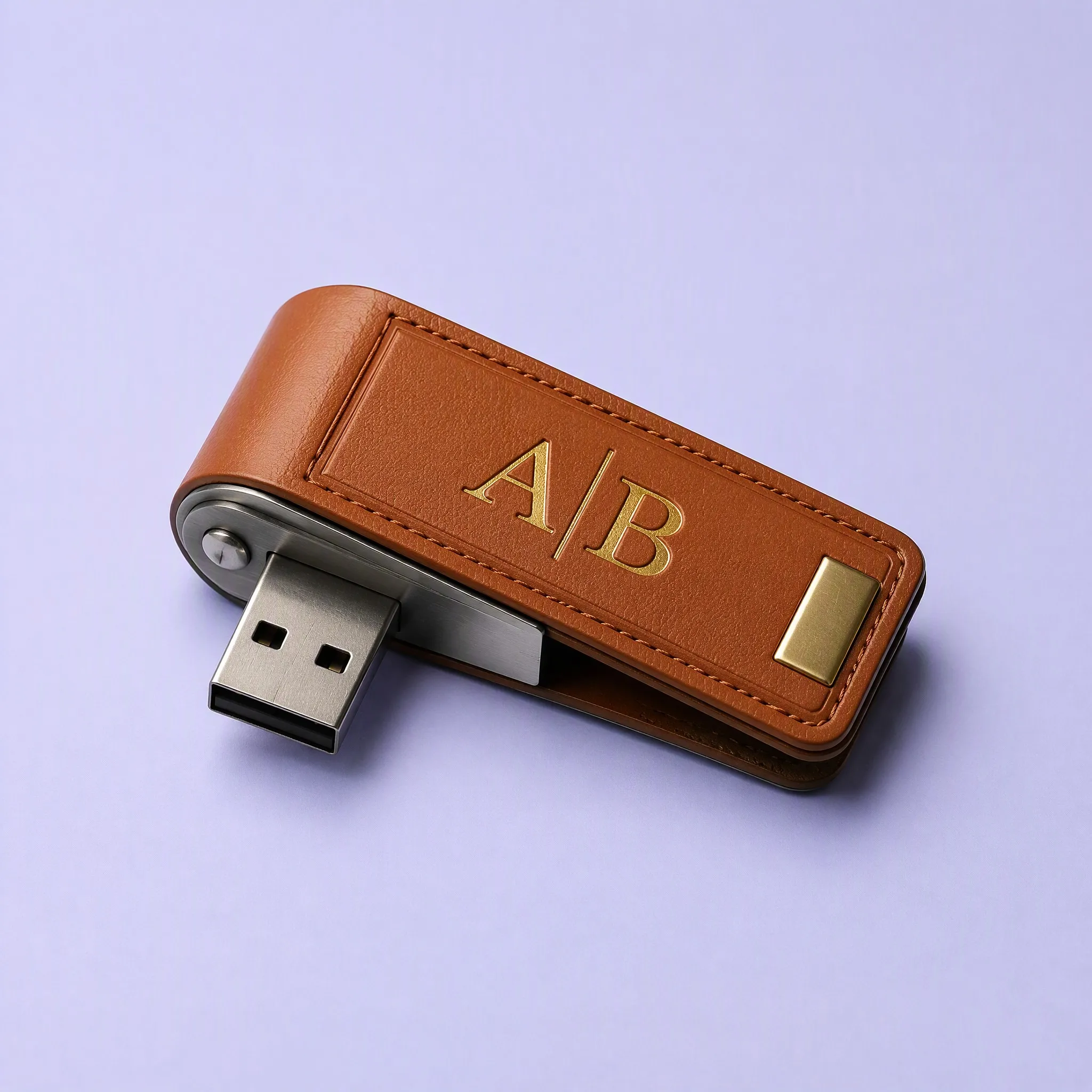 3/4 Studio Perspective of Cognac Saddle Tan Leather Swivel USB Flash Drive on Lilac Surface
