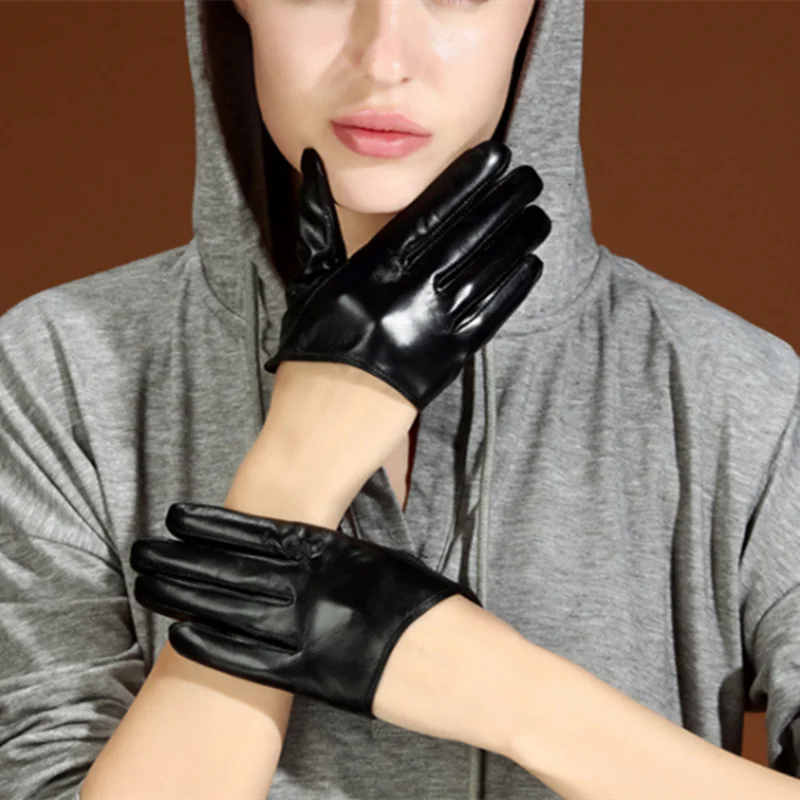 
Hot sales black red half palm women touch screen gloves genuine sheepskin fur leather mitten 