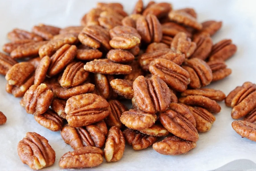 Step-by-step process of making cinnamon pecans: mixing egg white with pecans in a bowl, coating with cinnamon sugar mixture, spreading on baking sheet