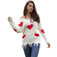 

wholesale tassel love heart pattern sweater stitching V neck plus size xmas sweater tops women frayed loose pullover