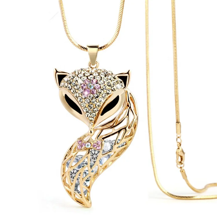 

Fashion Gold Fox Crystal Sweater Necklace Tiny Clear and Black Crystals Gold Plating Animal Pendant Long Chain Jewelry for Women