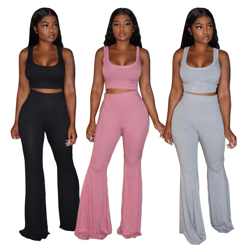 

Wholesale 2021 new casual solid square collar crop tank top high waist two piece flared pants sets for women, Photo shows