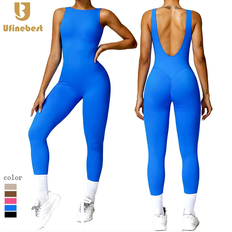 2024 Woman's Workout Jumpsuit Sportswear Ribbed Yoga One Piece Solid Color Fitness Jumpsuit Women Sports Yoga Bodysuit