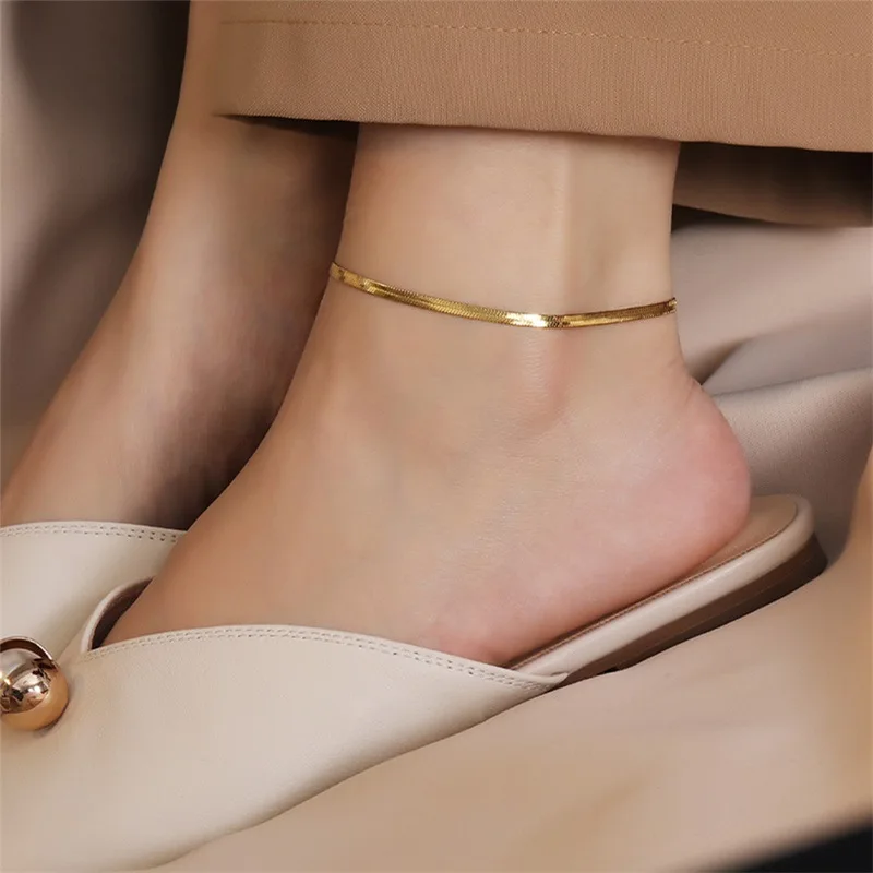 

Gold Plated Flat Snake Chain Anklet Simple Stainless Steel Snake Bone Chain Anklet for Women