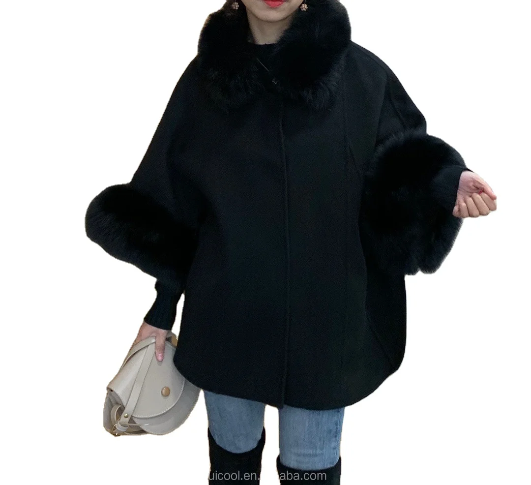 

Luxury double side fox fur trim black cashmere shawl wool coat jacket winter fur women cape