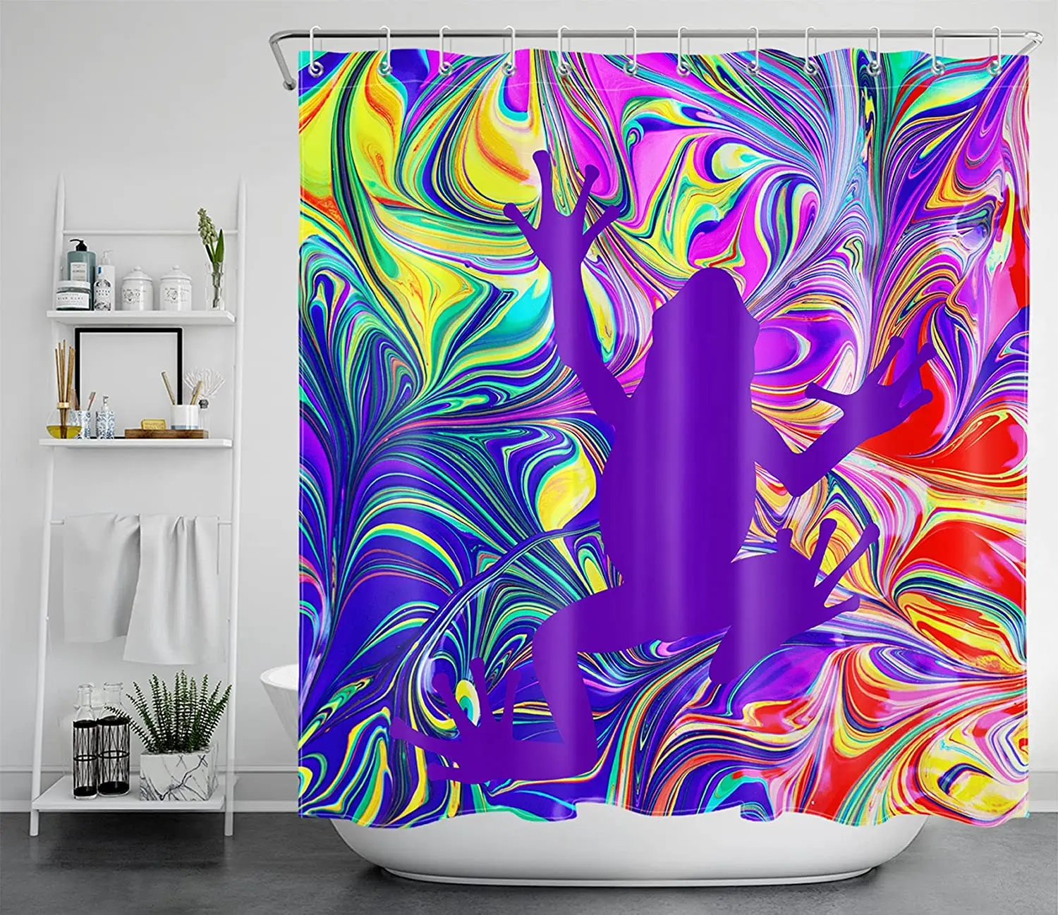 

Hot Sell Purple Frog Print on Colorful Abstract Mixed Texture Bathroom Shower Curtain