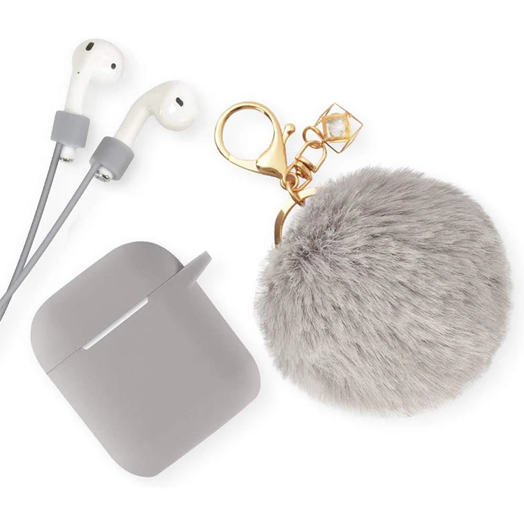 

Silicone For Airpods 2 1 Case Earphone Protective Case 1:1 Wireless Headset Cover With Fur Ball Keychain And Strap