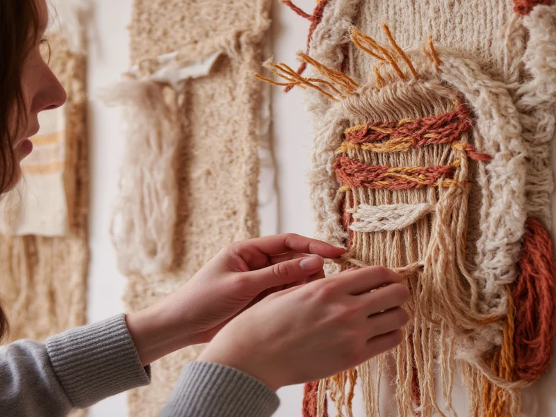 Close-up of hands weaving fabric scraps into wall art