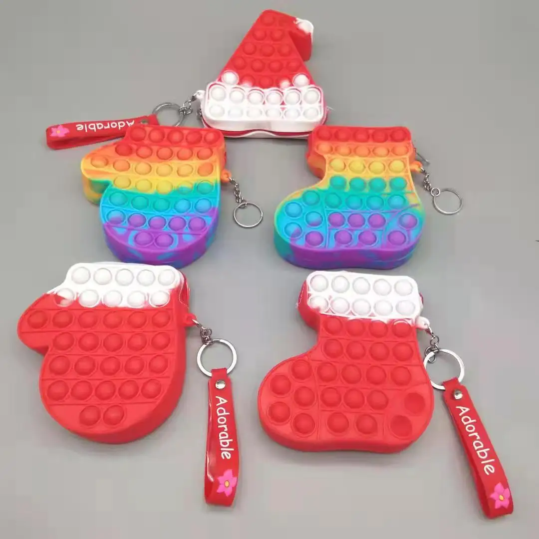 

2021 new arrival Christmas fidget pop it socks purse 3d pop it Christmas hat coin purse fidget Christmas gloves pop it purse