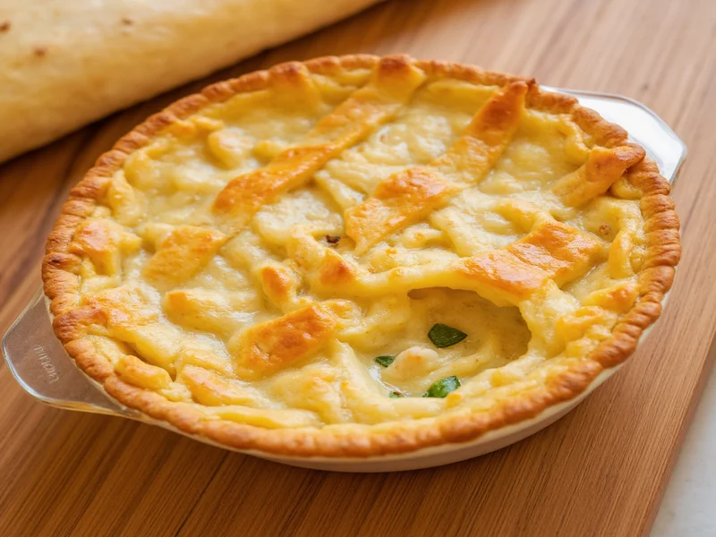 Golden chicken pot pie with flaky lattice crust