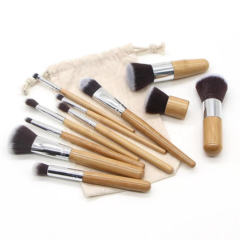 

Bamboo Handle Premium Synthetic Kabuki Foundation Blending Blush Bamboo Makeup Brushes kit with cotton bag