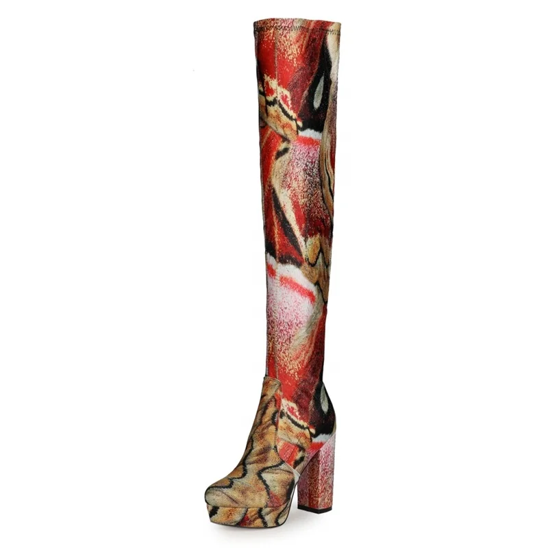 

12 CM Heel Platform Boots for Girls Customized Big Size 47 High Chunky Heel Women Knee High Boots Colorful Pattern, Orange