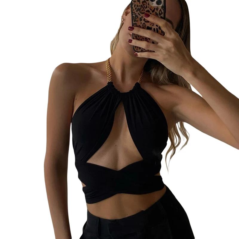 

Popular Design Summer Backless Tops Sexy Women Crop Top With Golden Chain