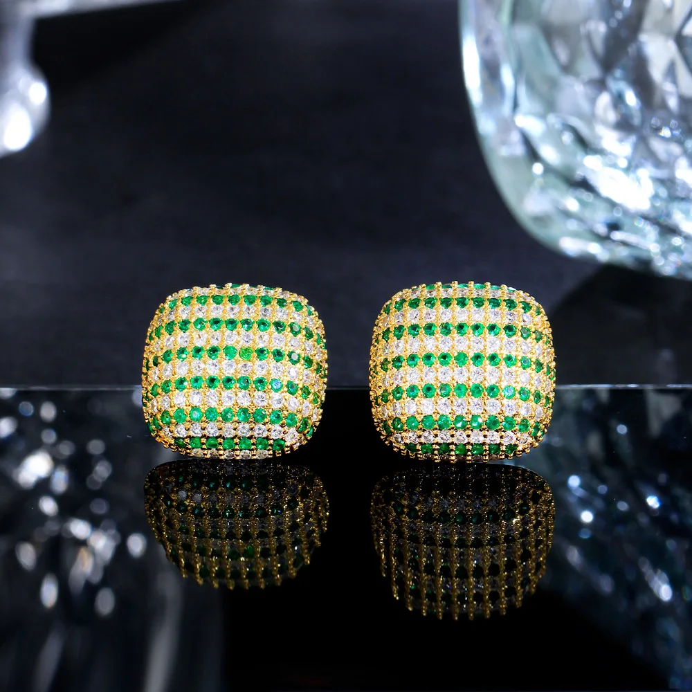 Top Gorgeous Micro Pave Green Cubic Zirconia Stone Yellow Gold Plated Square Big Stud Earrings CZ Jewelry for Women Daily Wear