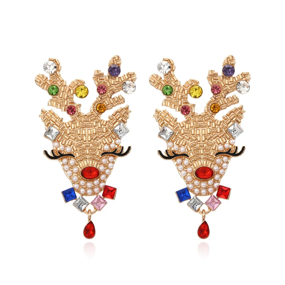 

Creative Christmas earrings in Europe and America exaggerated alloy diamond inlaid elk animal pearl earrings