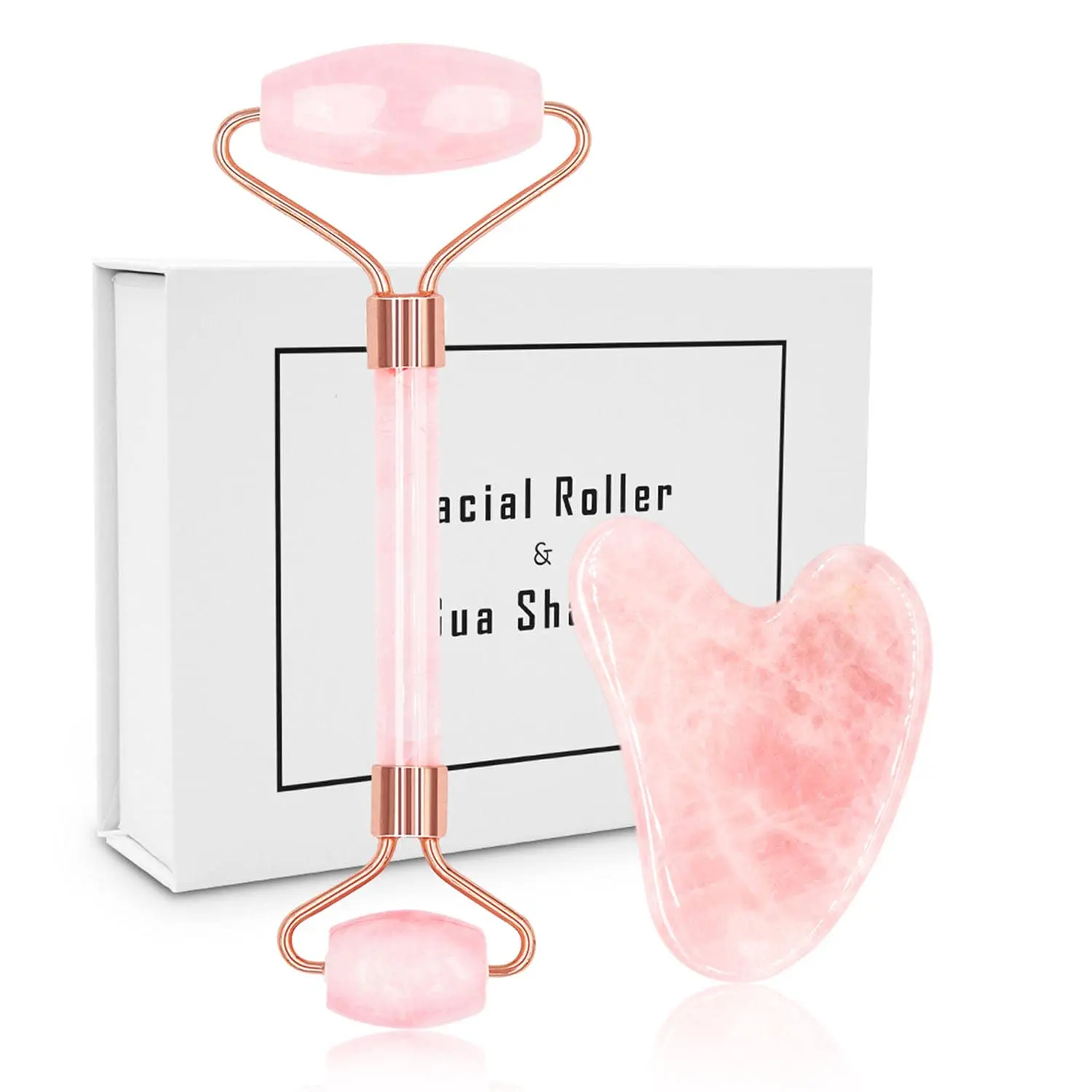 

Amazon Hot Sale Rose Quartz Roller Gua Sha set with box for face massager, Green