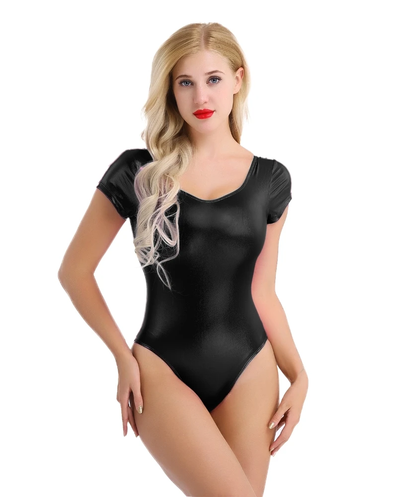 

iEFiEL Women Adult Leather Ballet Dance Leotard Dancewear Short Sleeve Round Neck One Piece Bodysuits