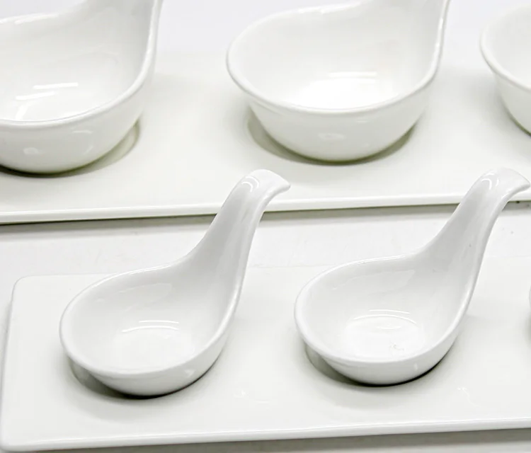 Wholesale Good Quality Restaurant Tableware Sauce White Porcelain Serving Plate Tray Bowls Sets Snack Ceramic Dishes with Handle